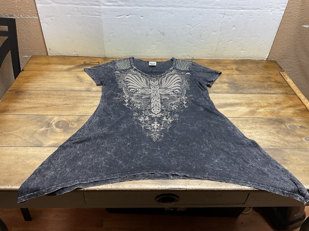Vocal Black Mineral Wash Rhinestone Cross Sharkbite Hem Tunic Top USA 1XL